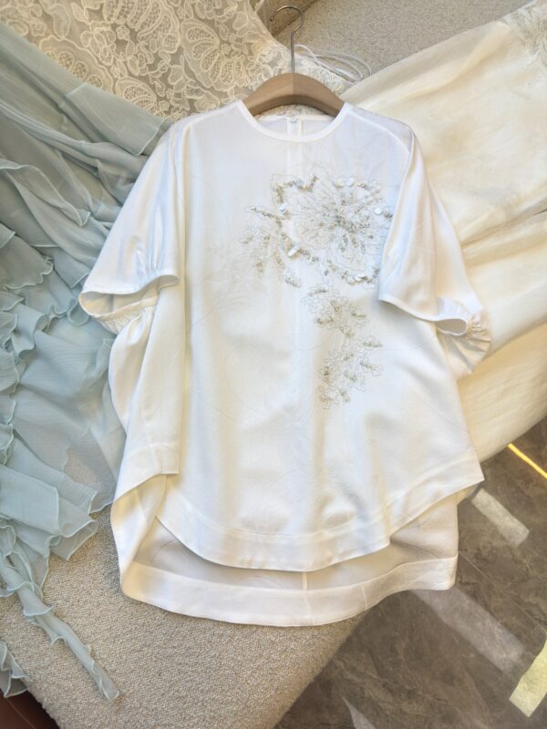 Nanyou New Chinese-Style High-End Women’s Heavy Embroidery Short-Sleeve Silk T-Shirt