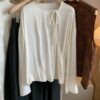 New Chinese-Style Round Neck Long-Sleeve Tie-Waist Silk Shirt