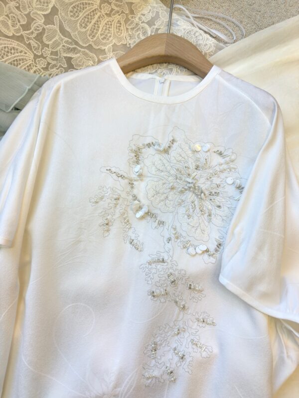 Nanyou New Chinese-Style High-End Women’s Heavy Embroidery Short-Sleeve Silk T-Shirt