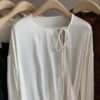 New Chinese-Style Round Neck Long-Sleeve Tie-Waist Silk Shirt