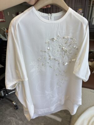 Nanyou New Chinese-Style High-End Women’s Heavy Embroidery Short-Sleeve Silk T-Shirt