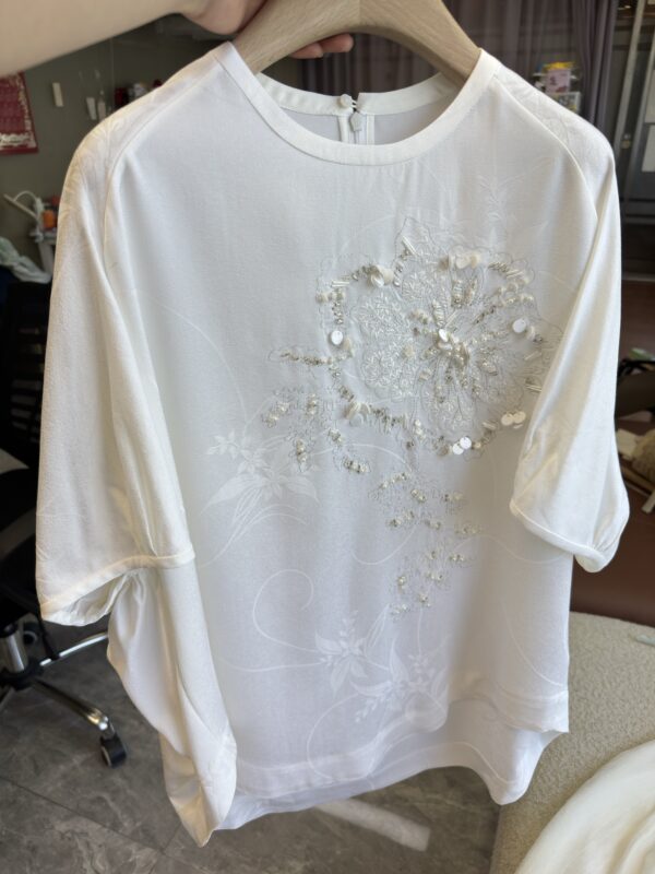 Nanyou New Chinese-Style High-End Women’s Heavy Embroidery Short-Sleeve Silk T-Shirt